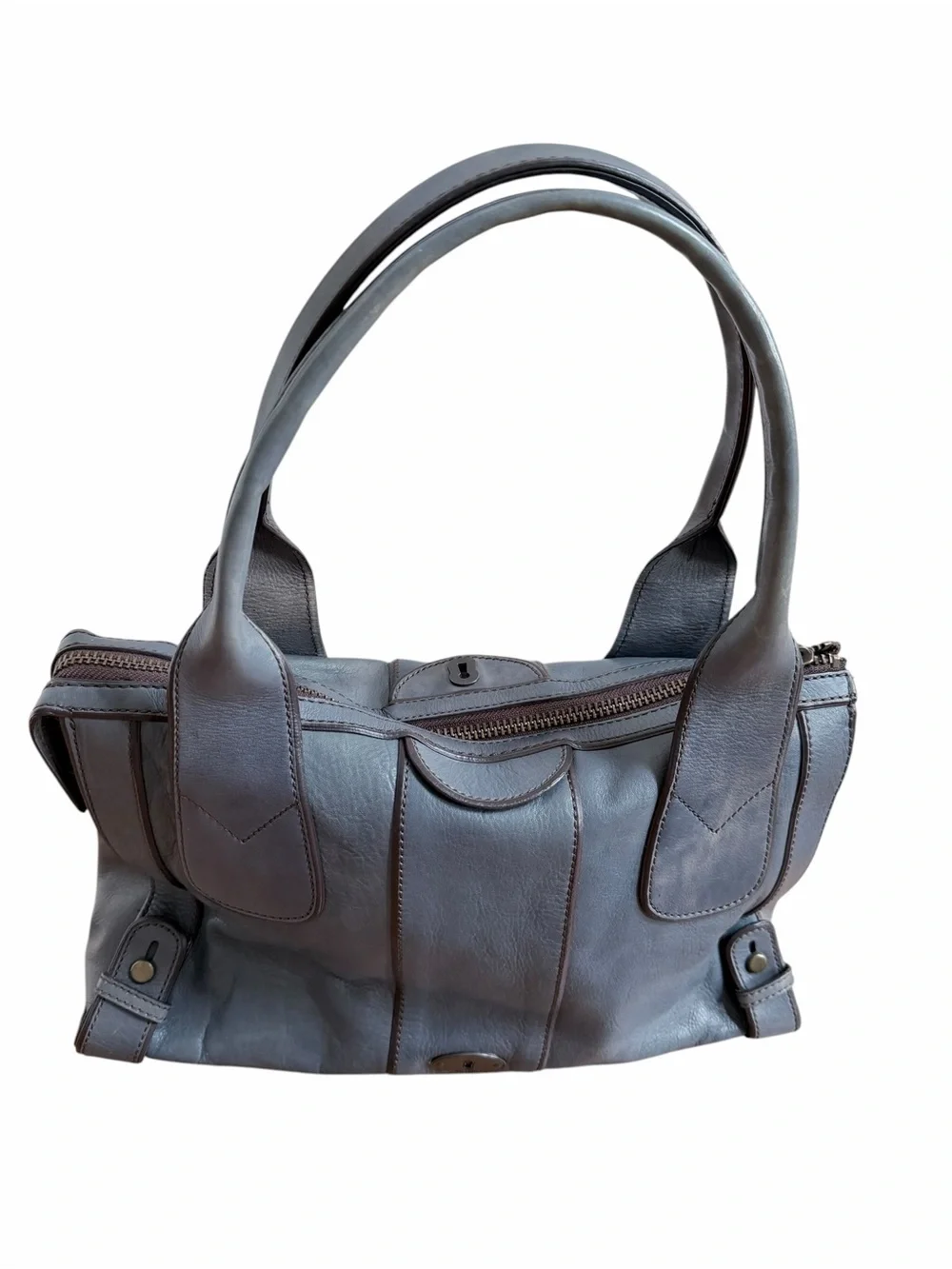 Fossil Long Live Vintage 1954 Maddox Marlowe Satchel Tote Blue Gray Leather Bag
